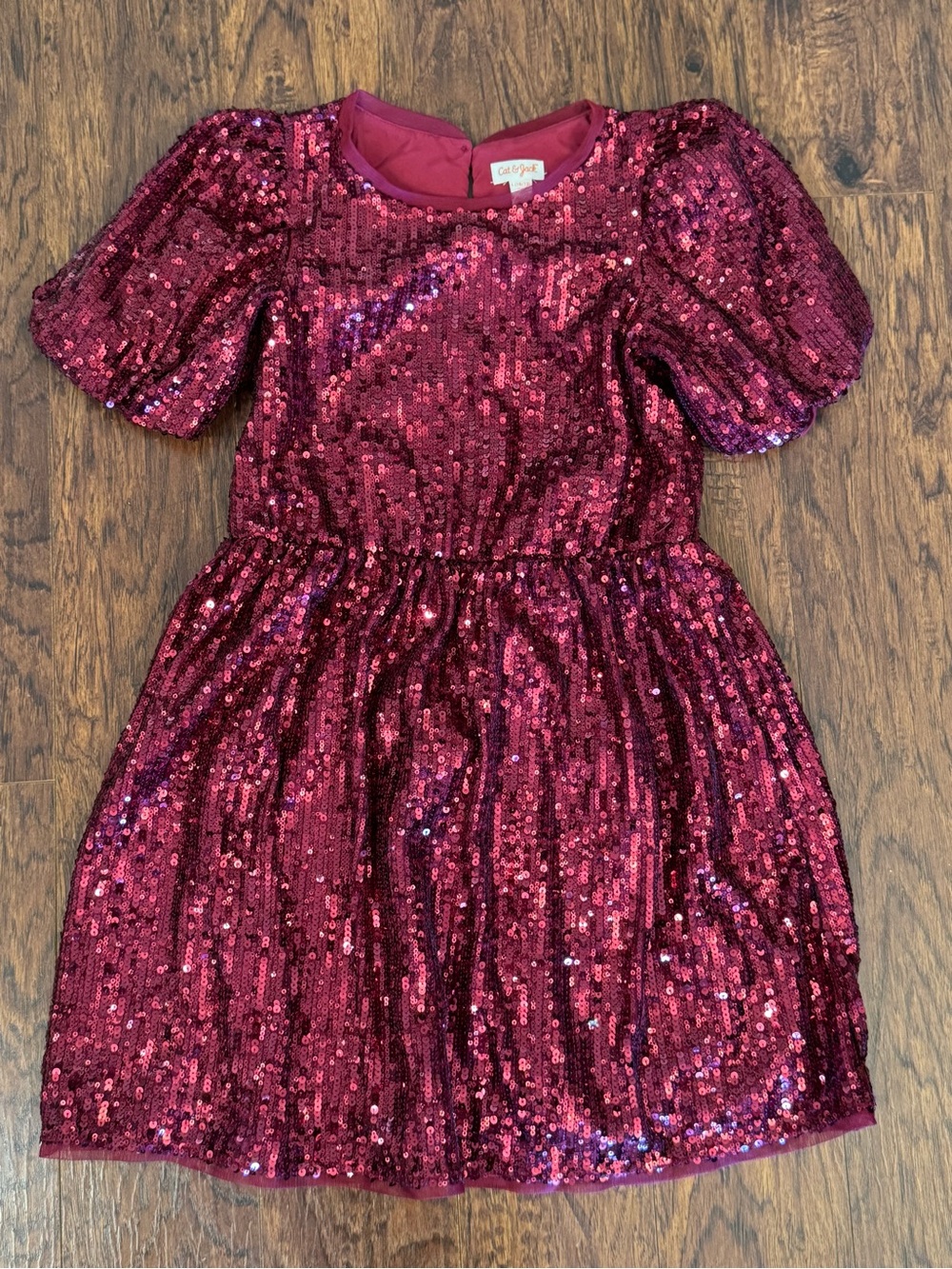 Cat & Jack Girls' Burgundy Sequin Puff-Sleeve Party Dress